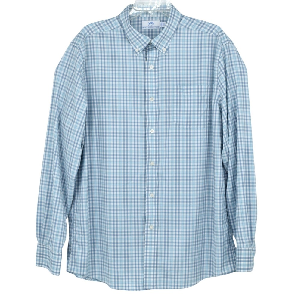 Southern Tide Men's XL Haywood Plaid Performance brrr Cooling LS Shirt Blue Gray